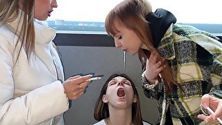 Sadistic Humiliation Of Human Ashtray With Spit And Ashes - Public Lezdom Party