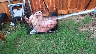 Femdom Wife Humiliates small penis Husband Hoses him like a Zoo Animal in a Dog Cage