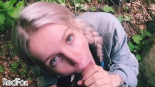 Schoolgirl sloppy POV blowjob on nature, cums on mouth