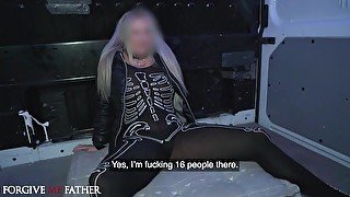 Horny Blonde milf with huge boobs creampied by preacher on her way to Halloween party