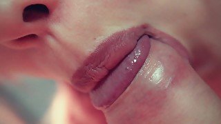 Cute Asian gently sucks and licks the cock close-up pov