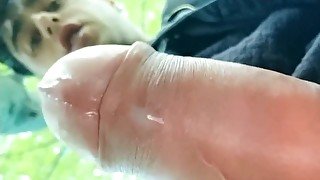 Cumming tip of uncut cock