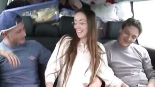 Hairy slut get fucked in the car by two