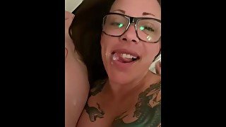 Hot wife sucks off neighbor with cum play