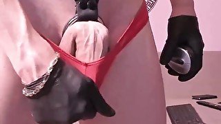 RED UNDIES STROKING COCK WITH COCKRING