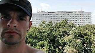 Public balcony jerk off with cumshot/Public place masturbation