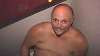 Bald Chubby Daddy Bear Blowing Penis in Dirty Glory Hole Gayness Jacks Off on Floor Swallowing COCKS