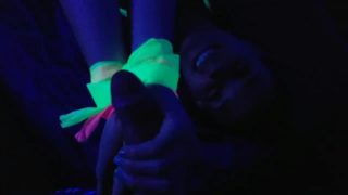 Glow in the dark blowjob and sockjob with hands and feet tied up