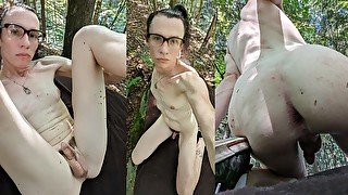 Beautiful mtf transgender woman fucking herself with a glass dildo in the woods