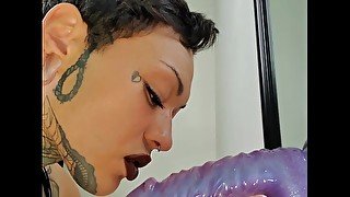 Tattooed girl sucks purple cock