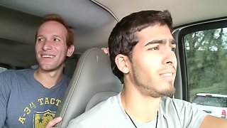 Brilliant gay with short hair giving huge dick blowjob in the car