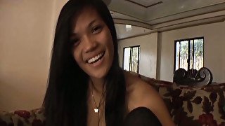 Pretty Asian harlot in black golfs Rina Wakamiya swallows sugary cock with passion