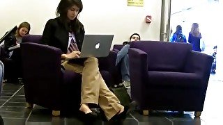 Candid heelpopping and Shoeplat Feet at Library