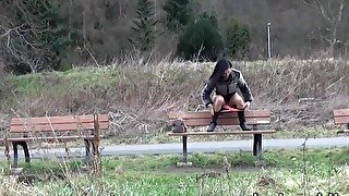 Cute girls expose peeing pussies and take a leak near the forest