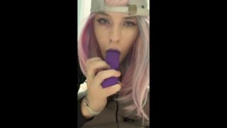 Cute young crossdresser, sucks and fucks her vibrator as she cums hard for daddy