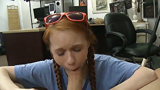 Skinny redhead babe gets twat screwed by pawnshop owner