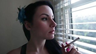 Brunette Smoking Blowjob And Swallows Cum