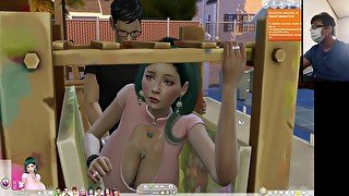 The Sims 4:6 people having intense sex on an easel