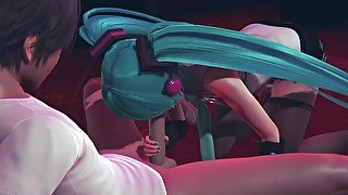 Miku gives a blowjob to a guest in public