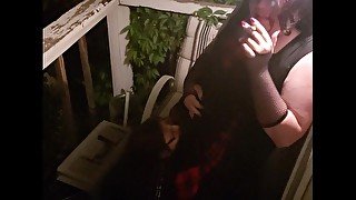 Chubby goth transgirl gets blowjob while smoking outside