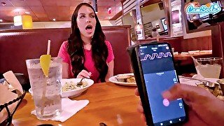 Cumming in Public with interactive toy at LUNCH! Public female orgasm interactive toy