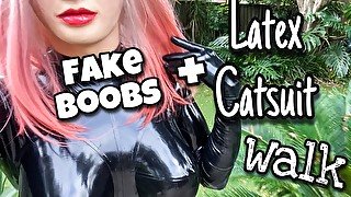 Walking in Latex Catsuit with Fake Silicone Breasts