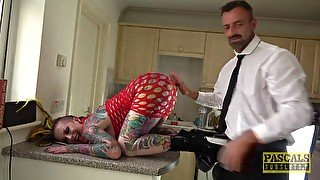 Fully tattooed slut Piggy Mough enjoys having rough sex on the floor