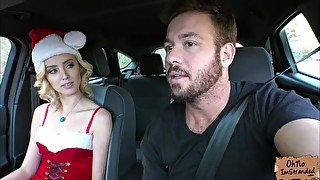 Petite hitchhiker Haley Reed rubs her pussy in the car