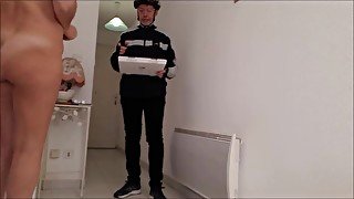 Pizza delivery man meets eccentric and naked mature