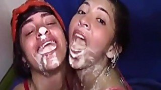 I put my cousin and her friend to suck my dick deep throat with vomiting, semen in the face and exchange of salt between them 18