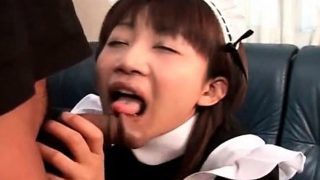 Asian maid licking cock and getting cumshot