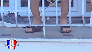 Candid Sexy Legs And Feet In Birkenstock Of A Young Brunette Woman