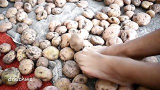 Touching delicious potatoes with the feet