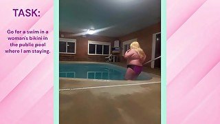 Dare: Chub Sissy Swims in Bikini in Public Pool