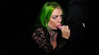 Inked slut sucking cocks and taking facials in public