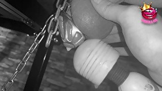 Femdom makes slave cum in chastity cage restrained on the milking table