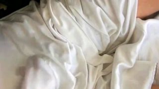 White nylon slip wank & cum