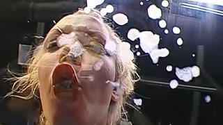 Insane bukkake with cum-swallowing blonde