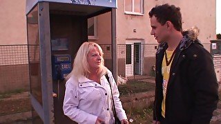 Blonde granny in stockings rides cock after a blowjob