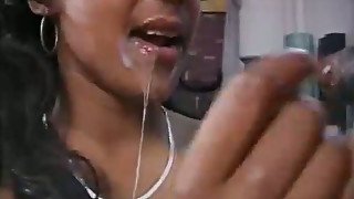 Sperm slurping playful black girlfriend rides her man