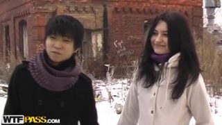 Sugar brunette oriental girl in public place