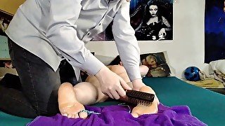 Oiled feet slave girl suffer from hairbrush tickling