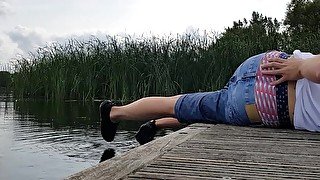 Sagging wet outdoor in lake with clothes