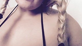 Blonde with big boobs teases with 2 dildos