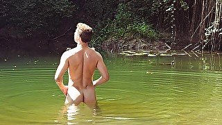 Jerking off after swimming naked in the river