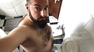 Big bearded Italian daddy bear with very hairy chest pisses a lot after wanking and cumming a lot