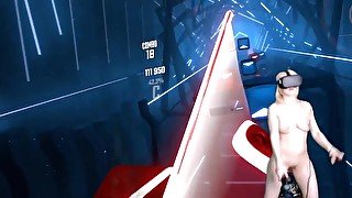 Girl plays Beat Saber spanks herself on Fail and get completly naked