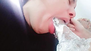 my soft mouth slides on the dick popping deep inside with him exploding my throat with creampie