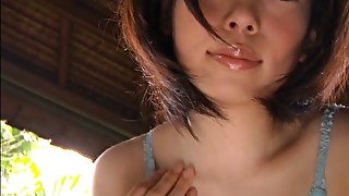 Adorable Asian sweetie Hoshino Manaka demonstrates her blue lingerie on cam