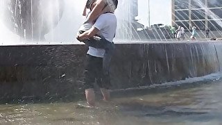 Russian chik Yulia has fun in fountain and gets her ass eaten at home